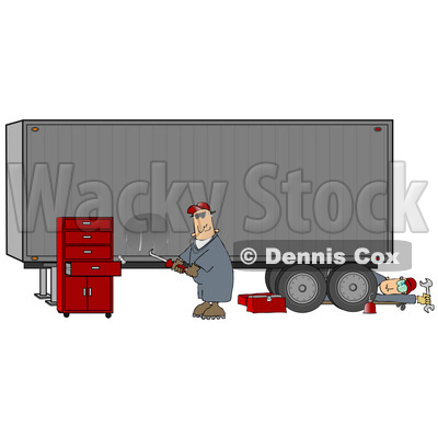 Two Male Mechanics Working On A Tractor Trailer, One Fixing A Dent In The Side Of A Semi While The Other Man Rolls Out From Underneath Clipart Illustration © djart #17411