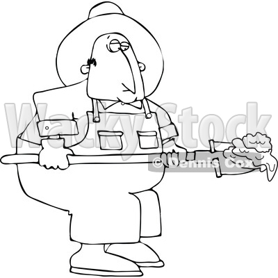 Cartoon Black and White Chubby Male Farmer Shoveling Manure © djart #1741176