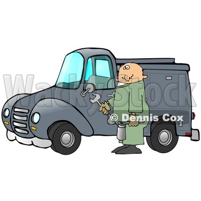 Male Caucasian Mechanic In Green Coveralls, Holding Tools And Repairing A Blue Work Truck Clipart Illustration © djart #17413