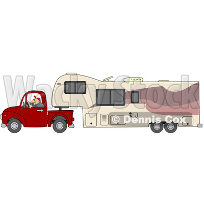 man driving a pickup truck and hauling a camper fifth wheel trailer © djart #1741861