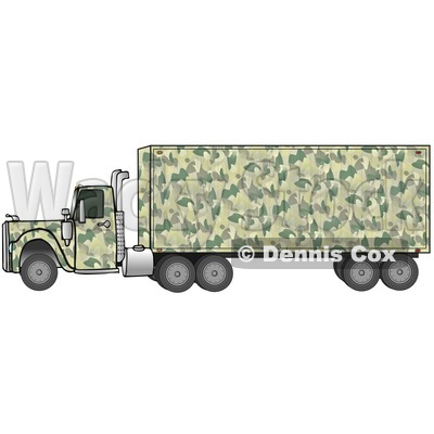 Clipart Illustration of a Green Camouflage Semi Diesel Truck Pulling A Matching Cargo Trailer © djart #17572