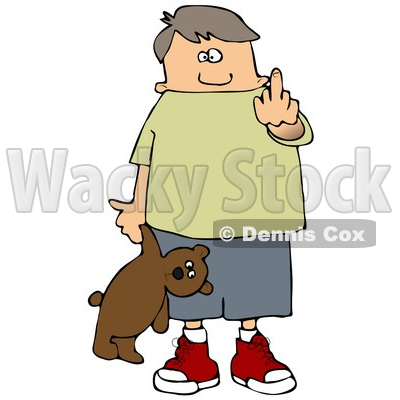 Clipart Illustration of a Bratty Young Caucasian Boy Holding A Teddy Bear And Flipping Off The Viewer © djart #17579