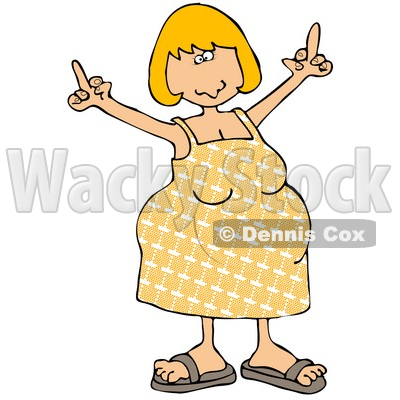 An Angry Blond Caucasian Pregnant Woman In A Yellow Dress And Sandals, Using Both Hands To Flip People Off While Her Hormones Flare Clipart Illustration © djart #17628
