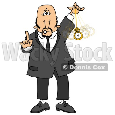 Clipart Illustration of a Bald Middle Aged Caucasian Man In A Suit, Holding One Finger Up And Swinging A Pocket Watch While Hypnotizing And Putting The Viewer Into A Trance © djart #17639