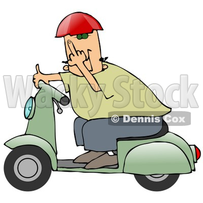 Rude Caucasian Man Wearing A Red Helmet, Green Shirt And Blue Pants, Riding Past On A Green Scooter And Flipping The Viewer Off Clipart Illustration © djart #17644