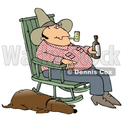 Clipart Illustration of a Hillbilly Smoking A Tobacco Pipe, Drinking Beer And Sitting In A Rocking Chair With His Loyal Old Hound Dog At His Side © djart #17659
