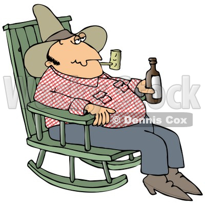 Clipart Illustration of a Hillbilly Cowboy Man Sitting In A Rocking Chair, Drinking Beer And Smoking A Pipe © djart #17660