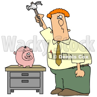 Red Haired Caucasian Businessman Holding A Hammer High Above A Piggy Bank On A Table, Prepared To Break The Bank And Take The Money Out Of Savings Clipart Illustration © djart #17744