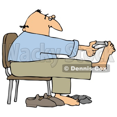 Clipart Illustration of a Bald White Man Sitting in a Chair and Clipping His Toe Nails © djart #18284