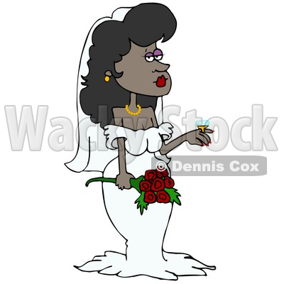 Clipart Illustration of a Stunning Black Bride In Her Wedding Dress And Veil, Holding A Bouquet Of Roses And Showing Off The Rock Of A Diamond Ring On Her Finger © djart #18302