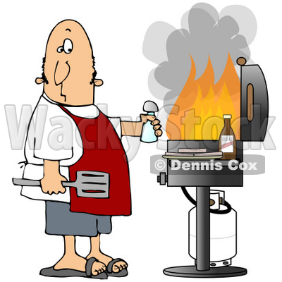 Clipart Illustration of a Confused White Man Holding A Salt Shaker And Watching As The Flames Get High On His Bbq Grill © djart #18404
