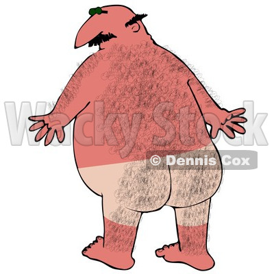 Clipart Illustration of a Hairy, Chubby, Bald, White Man With A Bad Sunburn And Tan Lines Where His Swimming Trunks Were © djart #18408