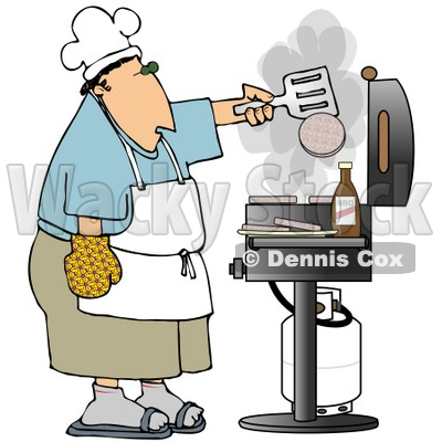 Clipart Illustration of a Caucasian Man Cooking Hamburger Patties On A Gas Grill At A Barbecue Party © djart #18871