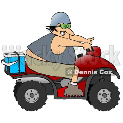 Clipart Illustration of an Adventurous White Man Riding A Red ATV With An Ice Box On The Back © djart #18943