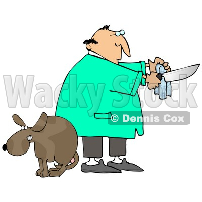 Clipart Illustration of a Scared Dog With Balls, Cowering With Its Legs Between Its Tail As A Male Veterinarian Prepares The Tools For A Neuter Surgery © djart #18949