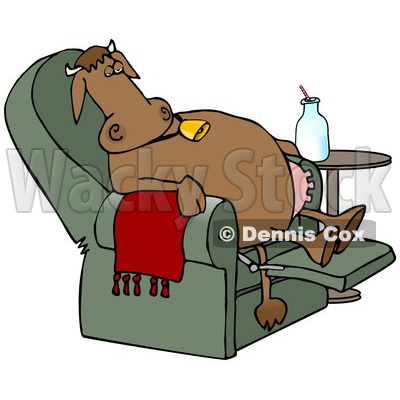 Clipart Illustration of an Exhausted Brown Cow Kicked Back, Reclined And Relaxing In A Green Lazy Chair With A Bottle Of Milk Beside Him, Winding Down After A Long Day Of Work At The Dairy Farm © djart #18976