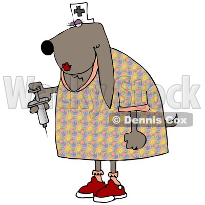 Clipart Illustration of a Female Bloodhound Dog Nurse Wearing A White Hat With A Cross And Holding A Syringe With Medicine Inside © djart #18997