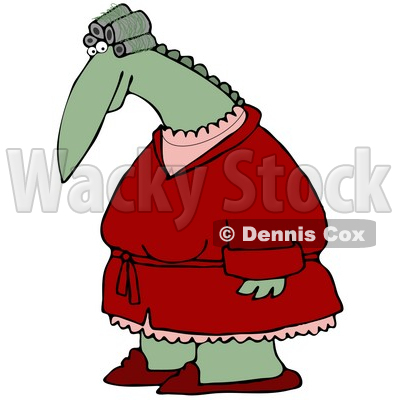 Clipart Illustration of a Feminine Green Dinosaur With Her Hair In Curlers, Wearing A Red Robe Over Pink Pajamas And Red Slippers © djart #19001