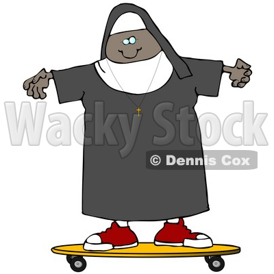 Clipart Illustration of a Cool Black Female Nun Riding a SKateboard © djart #19004