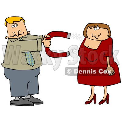 Clipart Illustration of a Desperate Man In Need Of Love, Holding A Chick Magnet Out To Attract A Beautiful Woman In A Red Dress © djart #19009