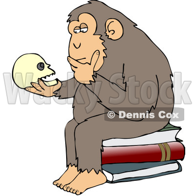 Clipart Illustration of a Wise Monkey Holding And Gazing At A Human Skull, Pondering His Own Existance, A Parody Of Hugo Rheinhold's "Philosophizing Ape" Sculpture That Was Created In 1892 © djart #19368