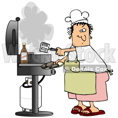 Clipart Illustration of a White Lady Wearing A White Chefs Hat, Yellow Apron, White T Shirt, Pink Shorts And Red Sandals, Holding A Spatula And Removing Cooked Hamburger Patties From The Gas Grill © djart #19398