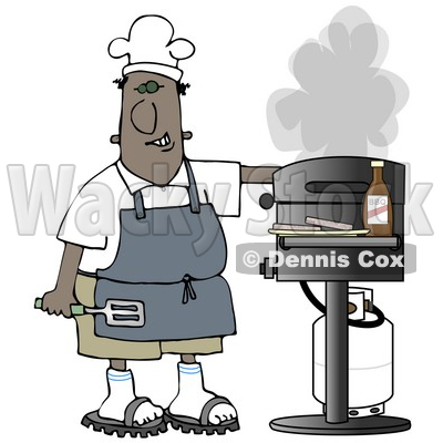 Clipart Illustration of a Black Guy Wearing A Chefs Hat And Apron, Holding A Spatula And Tending To The Barbecue At A Picnic © djart #19402