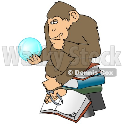 Clipart Illustration of a Wise Monkey In Thought, Rubbing His Chin And Sitting On Top Of A Stack Of Books While Gazing At A Crystal Ball Showing Him Glimpses Of What Is To Come © djart #19515