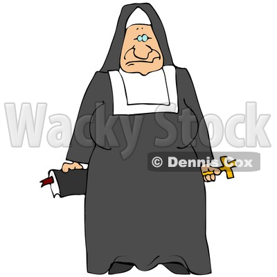 Clipart Illustration of a Tired Old Nun In Black And White, Holding A Bible 