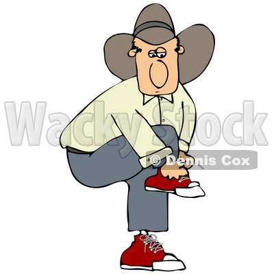 Clipart Illustration of a White Cowboy Guy In A Hat, Lifting His Knee Up To Tie His Shoe Laces While Standing © djart #19606