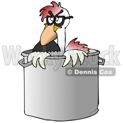 Clipart Illustration of a Disguised Chicken Wearing A Hairy Nose And Glasses, Peeking Out Of A Stock Pot In A Kitchen © djart #19614