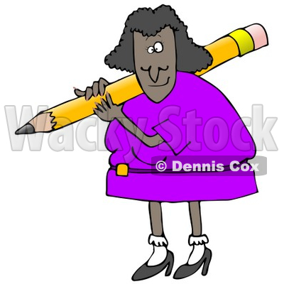 Clipart Illustration of a Black Lady in a Purple Dress, Carrying a Giant Yellow Pencil Over Her Shoulder © djart #19696
