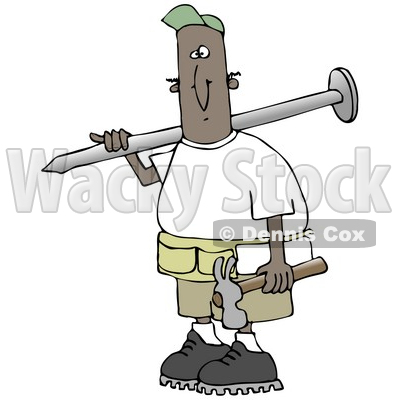Clipart Illustration of a Black Construction Worker Man With A Giant Nail On His Shoulder, Carrying A Hammer In His Hand © djart #19704