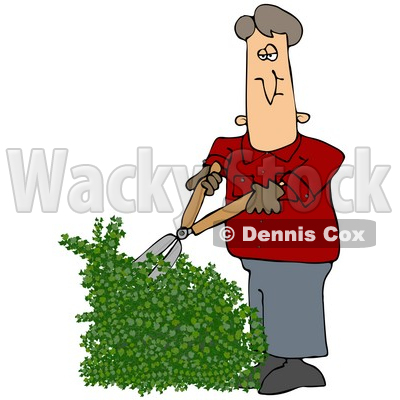 Clipart Illustration of a White Guy Using Hedge Trimmers To Cut A Green Hedge While Doing Yard Work © djart #20305