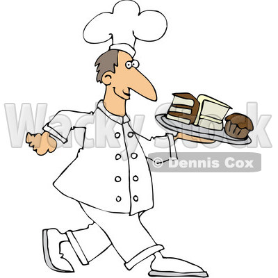 Clipart Illustration of a Happy White Male Chef In Uniform, Carrying A Tray Of Cake Slices and Cupcakes © djart #20307