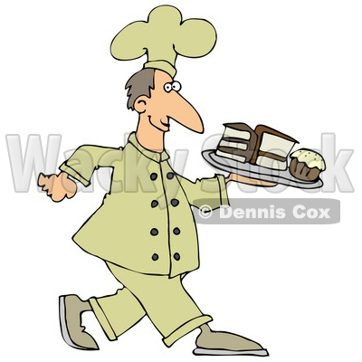 Clipart Illustration Of A Happy White Male Chef In A Yellow Hat And Uniform, Carrying A Cupcake And Slices Of Cake On A Tray In A Bakery © djart #20311