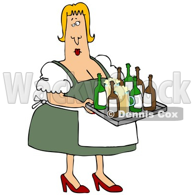 Clipart Illustration of a Curvy Blond Oktoberfest Beer Maiden Woman Serving Beer In Mugs And Bottles © djart #20868