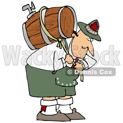 Clipart Illustration of a Strong Oktoberfest Man In Costume, Carrying A Heavy Wooden Beer Barrel Keg On His Back © djart #20870