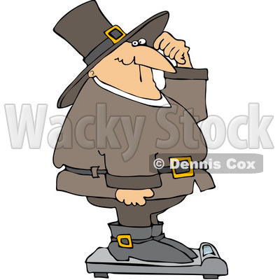Royalty-Free (RF) Clipart Illustration of an Overweight Pilgrim Man Standing Confused On A Scale © djart #209481