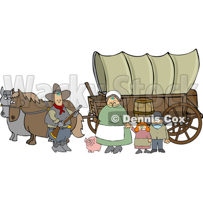 Royalty-Free (RF) Clipart Illustration of a Pioneer Family And Pig In Front Of Two Horses Pulling A Covered Wagon Along The Oregon Trai © djart #209483