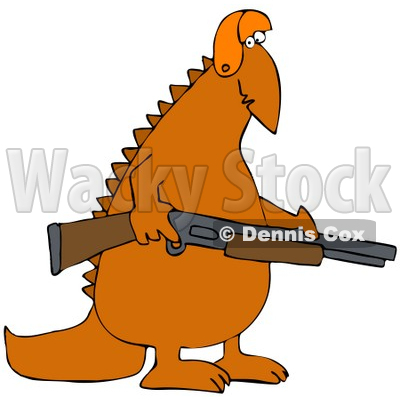 Clipart Illustration of an Orange Dinosaur In A Hat, Carrying A Rifle And Hunting © djart #21555