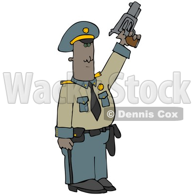 Clipart Illustration of an African American Police Officer Standing Tall And Pointing A Pistil Upwards While Shooting To Calm A Crowd © djart #21561