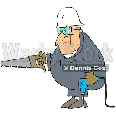 Royalty-Free (RF) Clipart Illustration of a Caucasian Worker Man Carrying A Saw And Drill © djart #217243