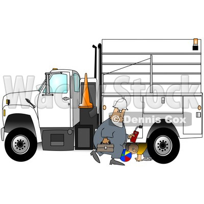 Royalty-Free (RF) Clipart Illustration of a Caucasian Worker Man Walking By A Utility Truck As A Boy Plays Underneath © djart #217245