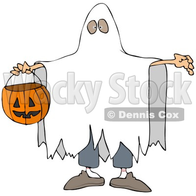 Clipart Illustration of a Halloween Trick Or Treater In A White Sheet Ghost Costume, Holding His Arms Out And Carrying A Pumpkin Basket © djart #22009