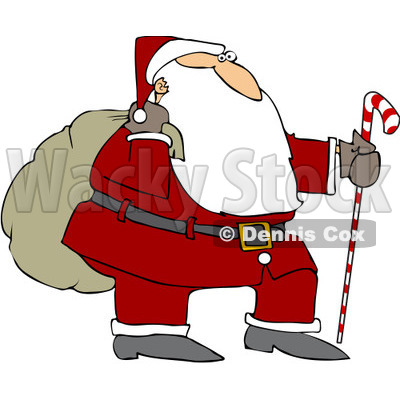 Royalty-Free (RF) Clipart Illustration of Santa Trekking With A Candy Cane Stick And Carrying A Sack On His Shoulder © djart #223343