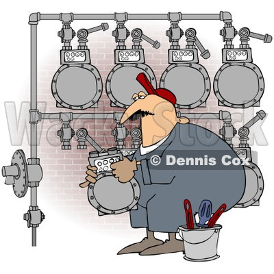 Royalty-Free (RF) Clipart Illustration of a Worker Man Changing A Gas Meter Header By A Brick Wall © djart #224973