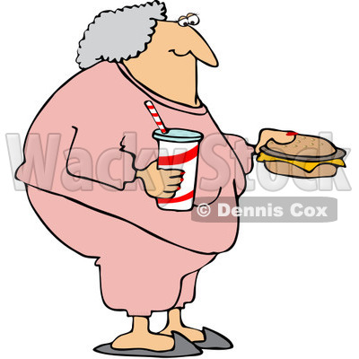 Royalty-Free (RF) Clipart Illustration of a Fat Granny In Pink Sweats, Carrying A Soda And Cheeseburger © djart #229156