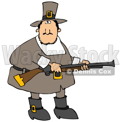Clipart Illustration of a Confused Fat Male Pilgrim In Brown, Holding A Rifle While Out Hunting For Turkey Birds © djart #23818