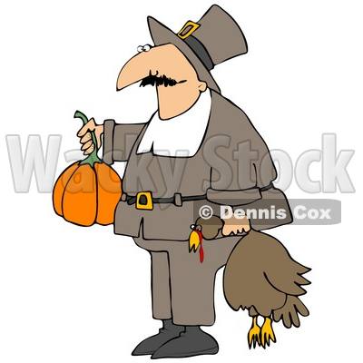Clipart Illustration of a Male Pilgrim In Brown, Carrying A Pumpkin And A Dead Turkey Bird To A Thanksgiving Feast © djart #23820